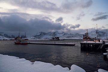 Image showing Traditional Norwegian fisherman\'s cabins and boats