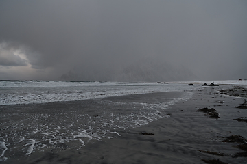 Image showing norway coast in winter with snow bad cloudy weather