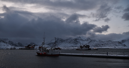 Image showing Traditional Norwegian fisherman\'s cabins and boats