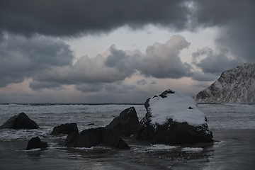 Image showing norway coast in winter with snow bad cloudy weather