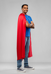 Image showing happy smiling indian man in red superhero cape