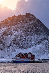 Image showing Traditional Norwegian fisherman\'s cabins and boats