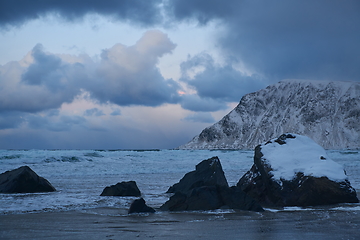 Image showing norway coast in winter with snow bad cloudy weather