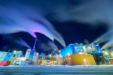 Image showing Factory at Night Air Pollution From Industrial Smoke