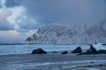 Image showing norway coast in winter with snow bad cloudy weather