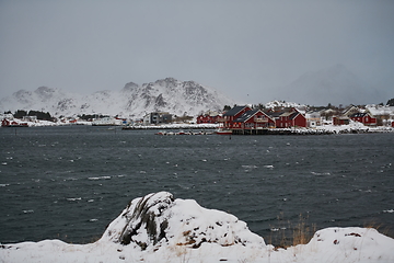 Image showing Traditional Norwegian fisherman\'s cabins and boats