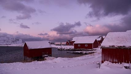 Image showing Traditional Norwegian fisherman\'s cabins and boats