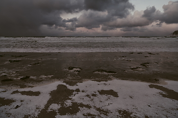 Image showing norway coast in winter with snow bad cloudy weather