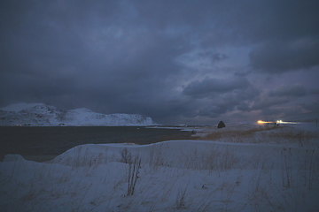 Image showing norway coast in winter with snow bad cloudy weather