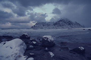 Image showing norway coast in winter with snow bad cloudy weather