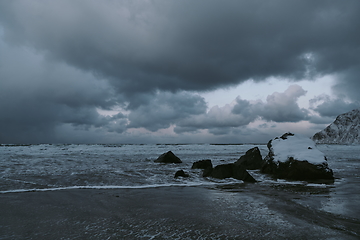 Image showing norway coast in winter with snow bad cloudy weather