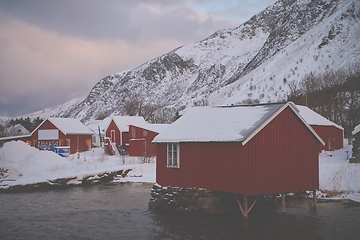 Image showing Traditional Norwegian fisherman\'s cabins and boats