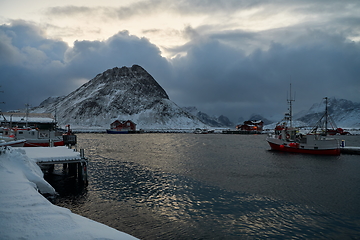 Image showing Traditional Norwegian fisherman\'s cabins and boats