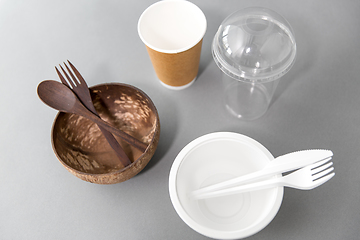 Image showing close up of eco friendly and plastic tableware