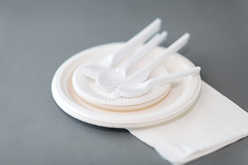 Image showing paper plates and plastic spoons, knives and forks