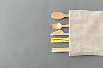 Image showing wooden spoon, fork, knife, straws and chopsticks