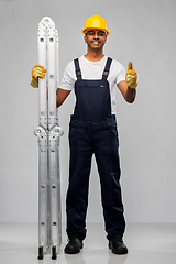 Image showing happy indian builder with ladder showing thumbs up