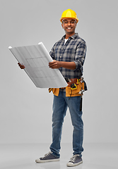 Image showing happy indian builder in helmet with blueprint