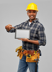 Image showing happy indian builder in helmet with tablet pc