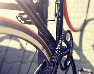 Image showing close up of fixed gear bicycle on city street