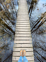 Image showing wooden footbridge through the lake nature trail