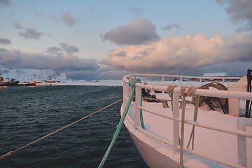 Image showing Traditional Norwegian fisherman\'s cabins and boats