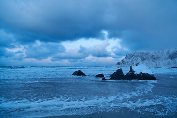 Image showing norway coast in winter with snow bad cloudy weather