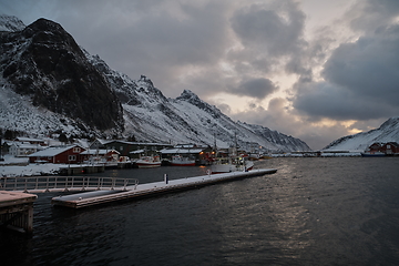 Image showing Traditional Norwegian fisherman\'s cabins and boats