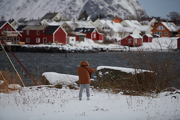 Image showing Traditional Norwegian fisherman\'s cabins and boats