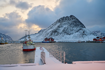 Image showing Traditional Norwegian fisherman\'s cabins and boats