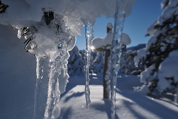 Image showing wooden cross covered with fresh snow at beautiful fresh winter morning