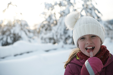 Image showing cute little girl while eating icicle on beautiful winter day