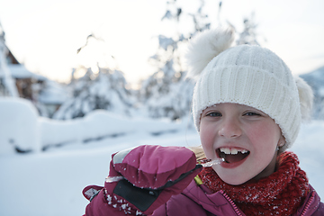 Image showing cute little girl while eating icicle on beautiful winter day