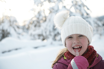 Image showing cute little girl while eating icicle on beautiful winter day