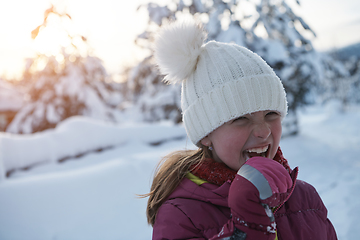 Image showing cute little girl while eating icicle on beautiful winter day