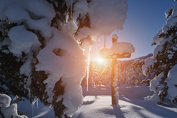 Image showing wooden cross covered with fresh snow at beautiful fresh winter morning