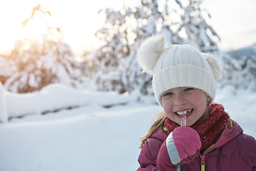 Image showing cute little girl while eating icicle on beautiful winter day