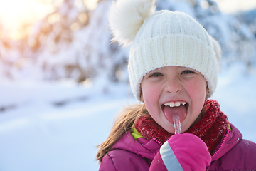 Image showing cute little girl while eating icicle on beautiful winter day