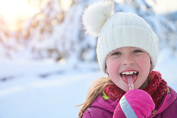 Image showing cute little girl while eating icicle on beautiful winter day