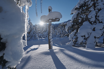 Image showing wooden cross covered with fresh snow at beautiful fresh winter morning