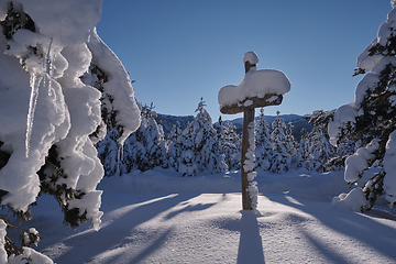Image showing wooden cross covered with fresh snow at beautiful fresh winter morning