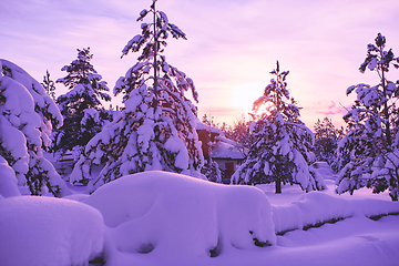 Image showing winter sunrise with fresh snow covered forest and mountains