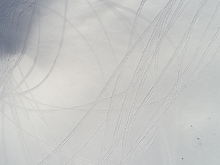 Image showing Aerial view of a frozen forest with fresh snow covered trees