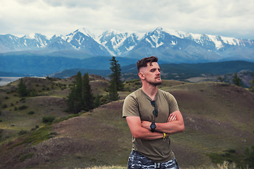 Image showing Relaxing man in Kurai steppe on North-Chui ridge