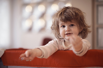 Image showing little baby girl with strange hairstyle and curlers