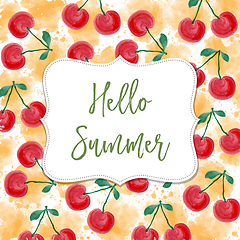 Image showing Hello summer. Watercolor banner with cherries