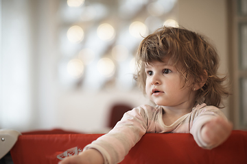 Image showing little baby girl with strange hairstyle and curlers