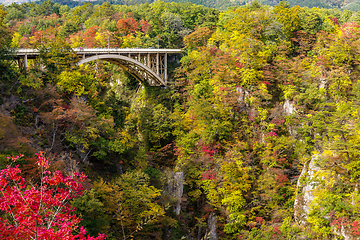 Image showing Bridge passing though Naruko Gorge in autumn