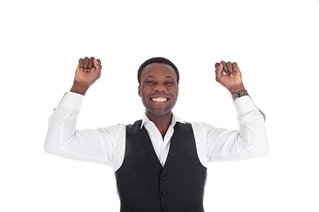 Image showing Happy African man with hands raised