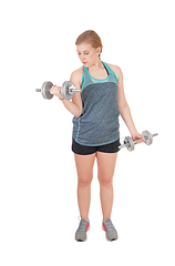 Image showing Young woman lifting her two dumbbell's